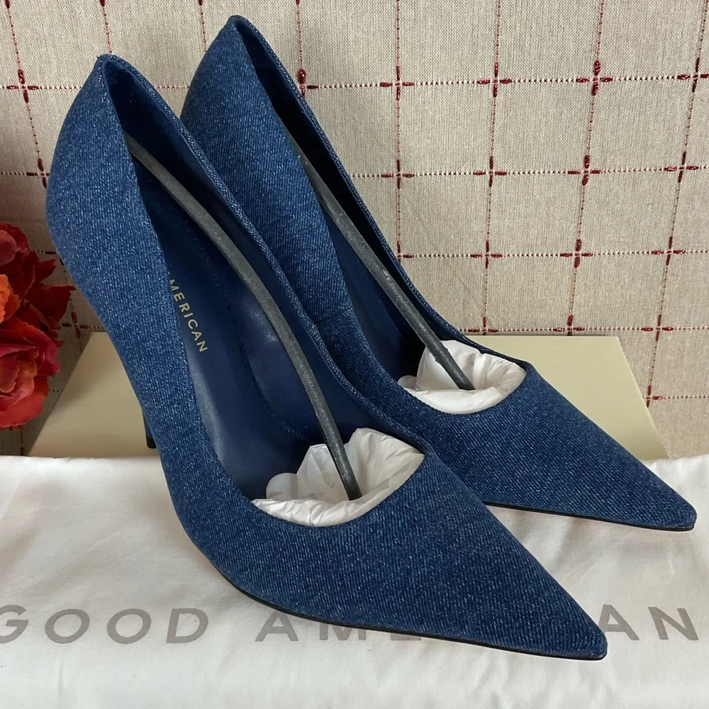 GOOD AMERICAN “Emma” Denim Heel Ultra High Blue Denim Stilettos Sz 9.5 New - Picture 2 of 7